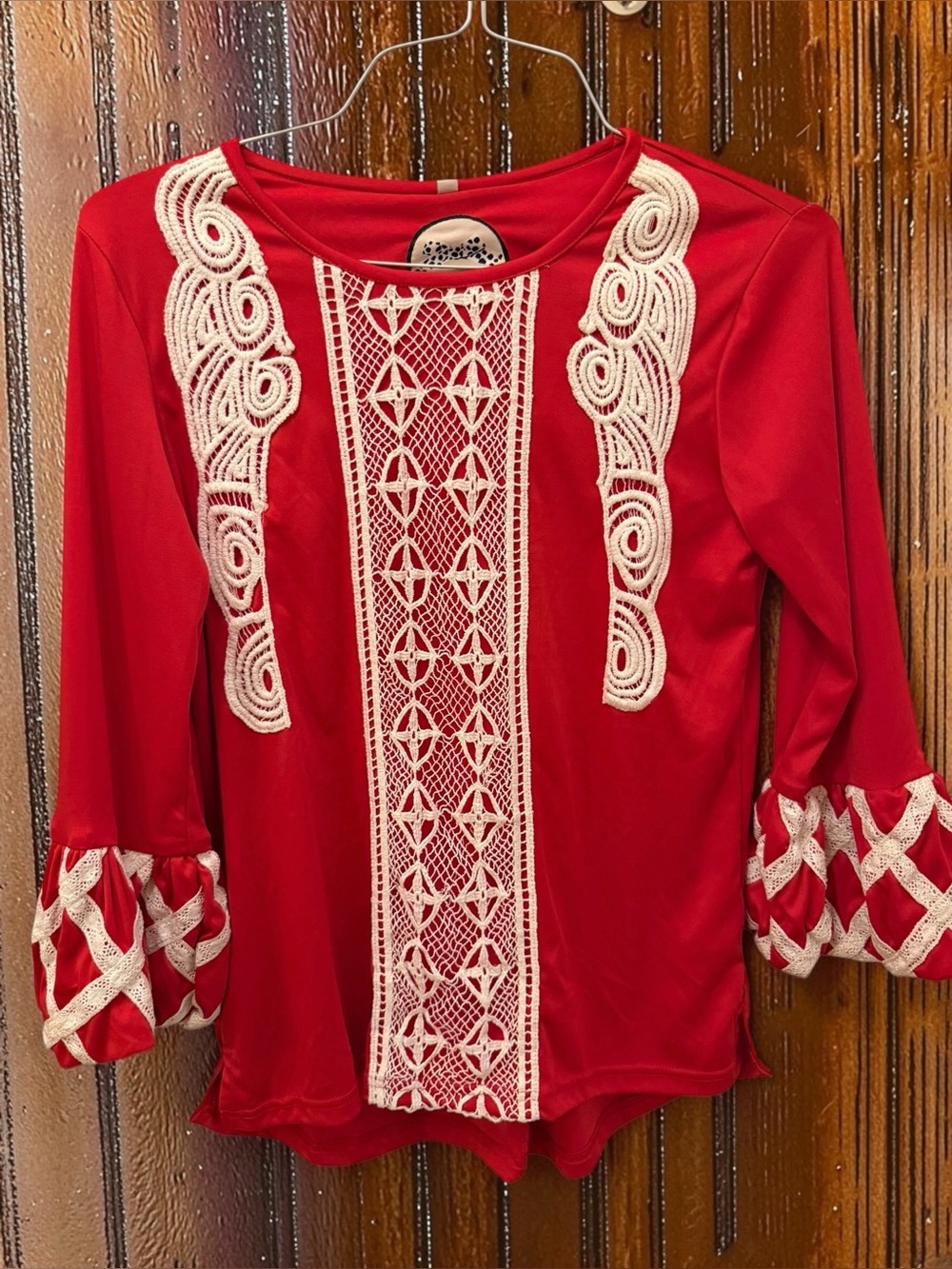 Red Lace-Trim Long-Sleeve Women's Blouse